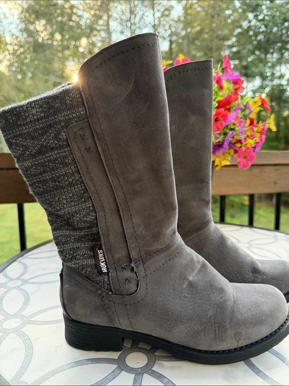 Muk Luks Gray Suede & Knit Mid-Calf Boots